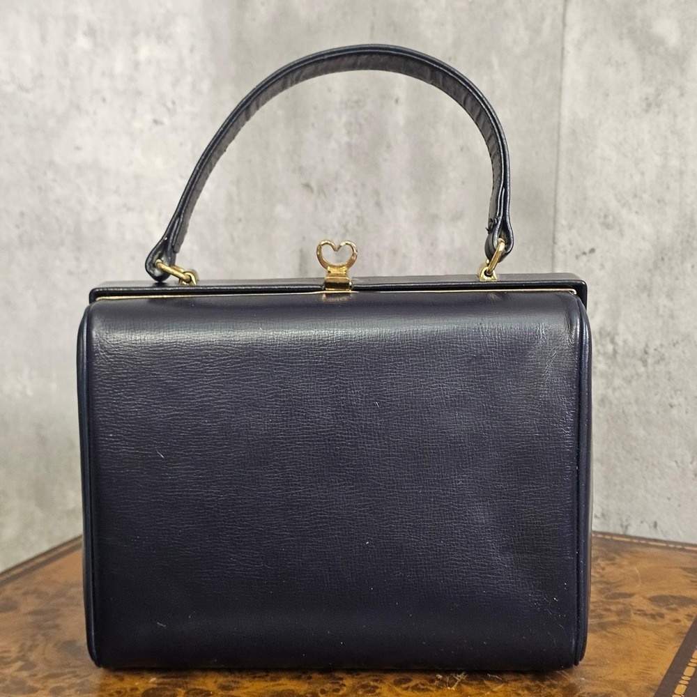 Vintage 50s 60s Block Navy Blue Leather Box Purse Gold Heart‎ Clasp MCM Mad Men